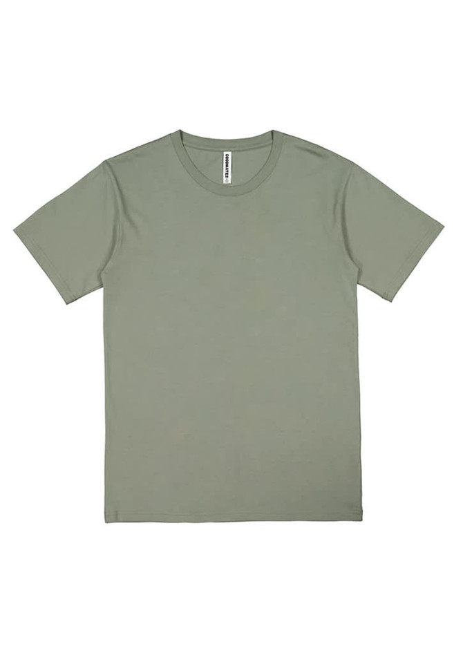 A short sleeve t-shirt in a muted olive green colour, featuring a simple design and a logo at the neckline.