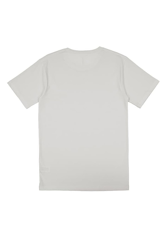 A plain grey short sleeve tee with a simple design and a logo on the back.
