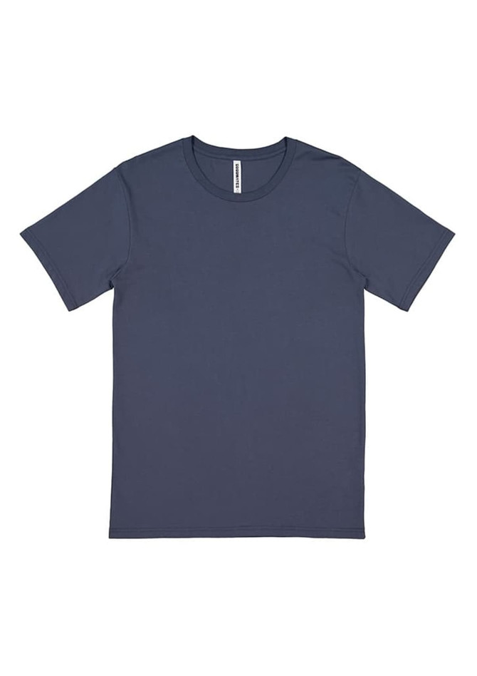 A navy short sleeve t-shirt with a round neck and no visible designs. It features a brand logo.