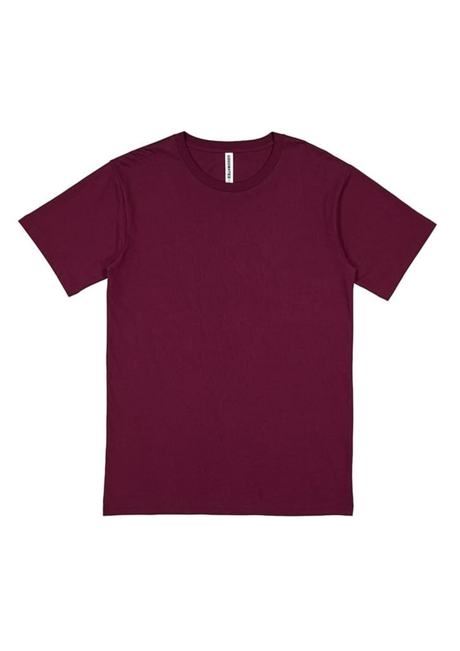 A maroon short sleeve tee with a plain design and a label inside, featuring a logo.