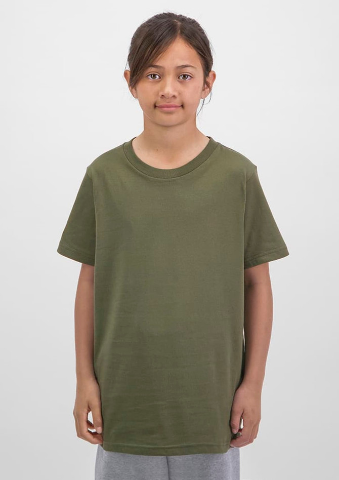 A kids' short sleeve tee in olive green, displayed on a young child standing against a neutral background.