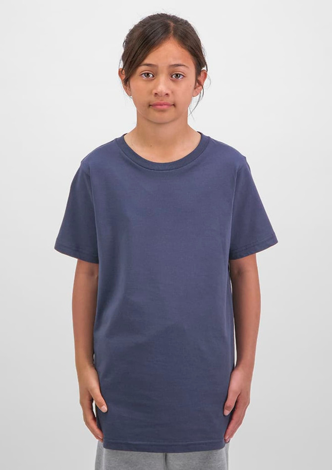 A navy short sleeve tee for kids, featuring a relaxed fit and a round neckline. The shirt has no visible logos.