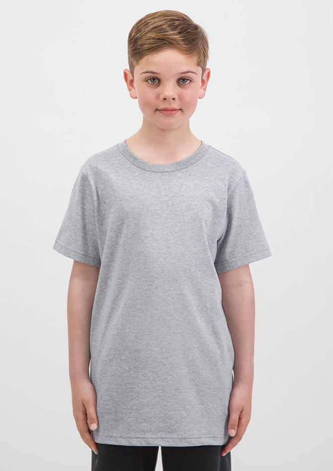 A grey short sleeve tee designed for kids, featuring a simple style with no visible logos.