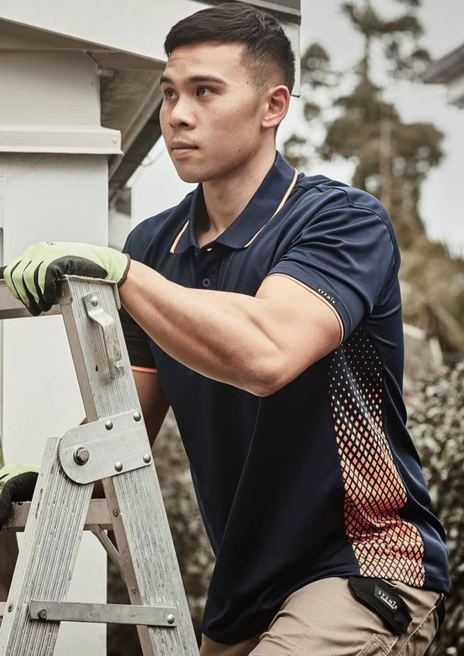 A dark navy short sleeve polo featuring a patterned side detail, worn by a man on a ladder.