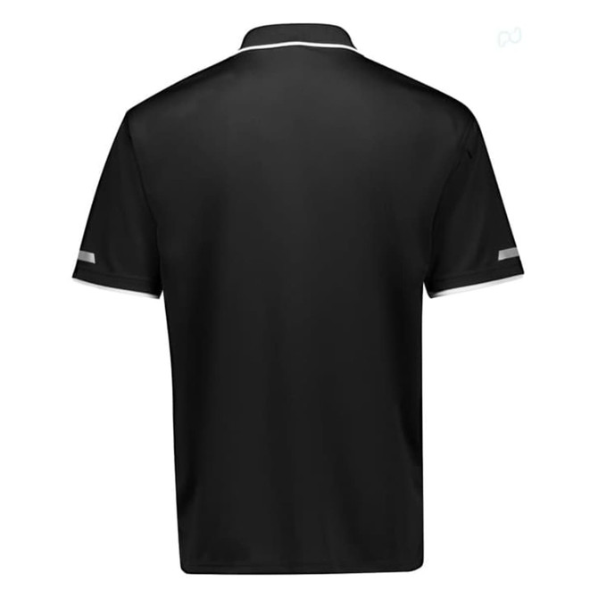 A black short sleeve polo with a collar, featuring a logo and contrasting trim around the neck and sleeves.