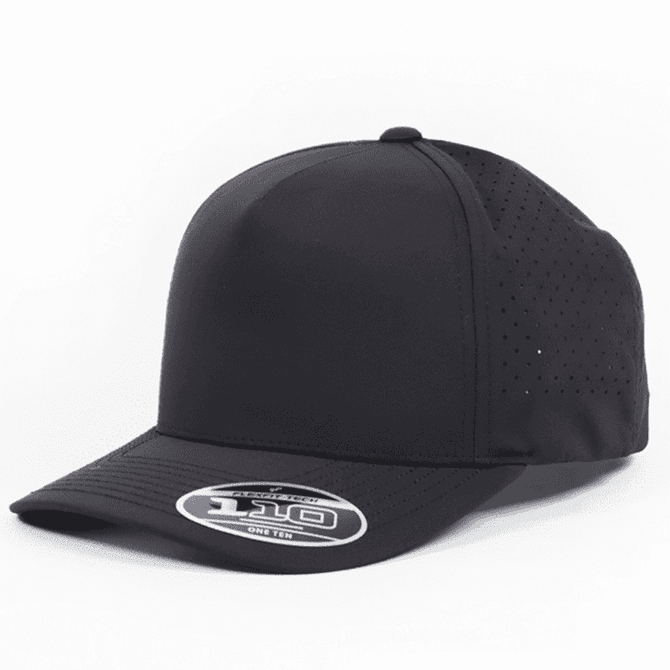 A black perforated cap with a curved brim and a branded logo on the side.