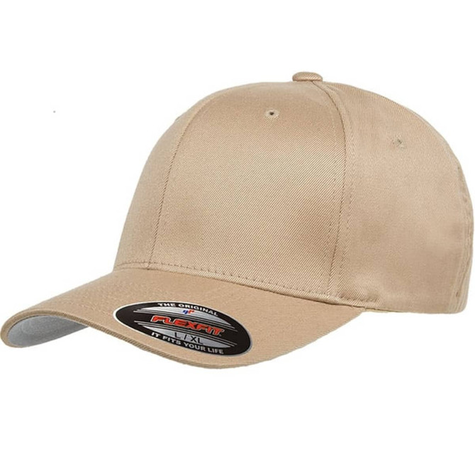 A beige cap with a curved brim and a branded logo on the side.
