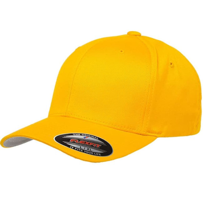 A bright yellow cap with a curved brim and a logo on the side.