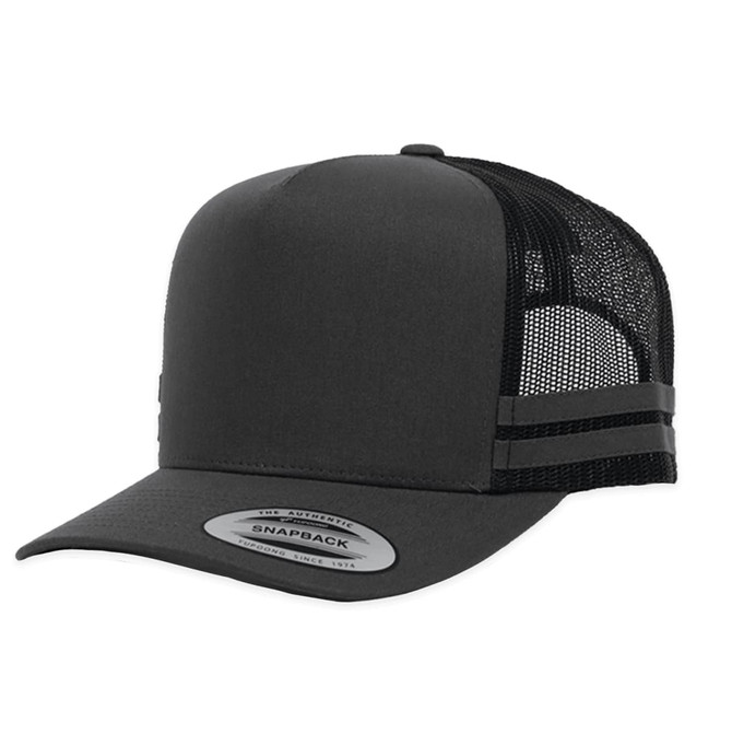 A black striped trucker cap featuring a solid front and mesh back, with a snapback closure and logo.