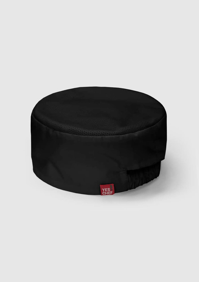 A black mesh flat top hat featuring a gathered back and a logo tag. Suitable for various headwear needs.