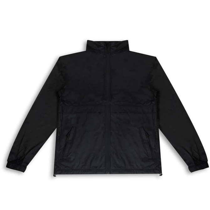 A black unisex windbreaker jacket featuring a zip front and two side pockets. It has a branding logo.