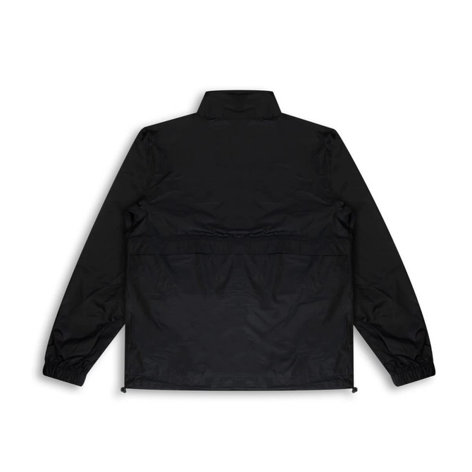 A black unisex windbreaker jacket with a collar and elastic cuffs, featuring a logo on the back.