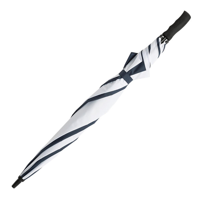 A striped umbrella in white and navy, featuring a black handle. It has a logo on the handle.