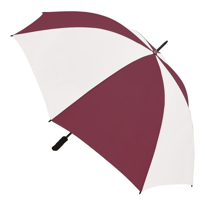 A maroon and white striped umbrella with a black handle, featuring a logo on the handle.