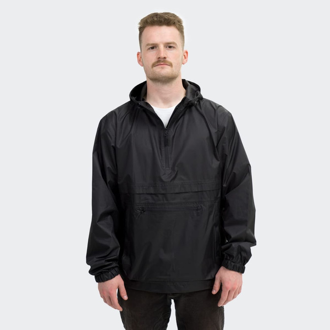 A black windbreaker jacket with a hood, featuring a front zip and elasticated cuffs, worn by a man.