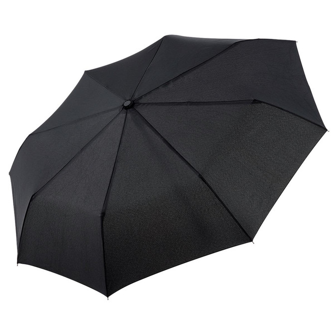 A compact black umbrella featuring eight panels, with a central button and a branding logo on the handle.