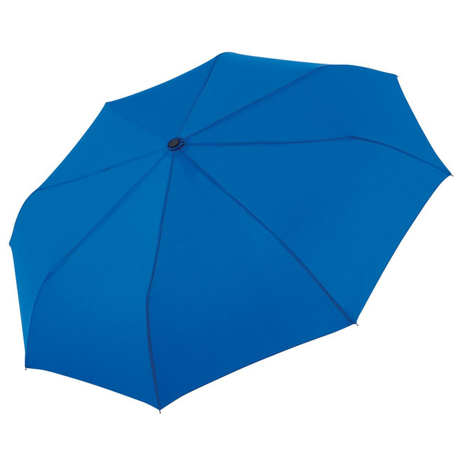 A blue compact umbrella with a smooth canopy and a central button for opening and closing. It has a logo on the handle.
