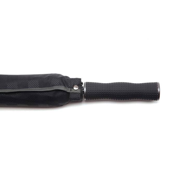 A black umbrella with a textured handle and a zippered cover. It features a brand logo on the cover.
