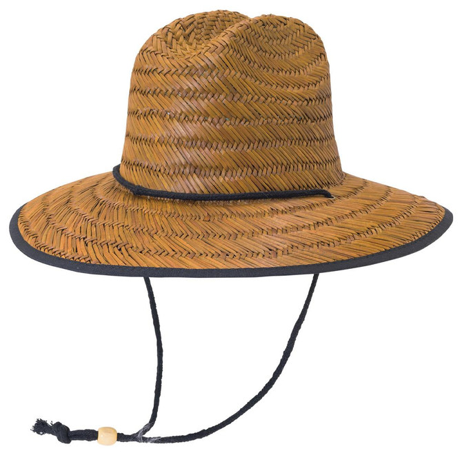 A straw hat in burnt straw colour with a flat brim and an adjustable chin strap. Features a decorative black band.