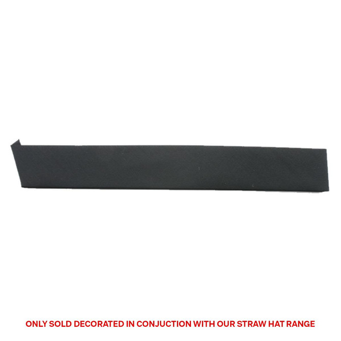 A black cotton hatband with a straight edge, designed for use with straw hats. Features a logo.