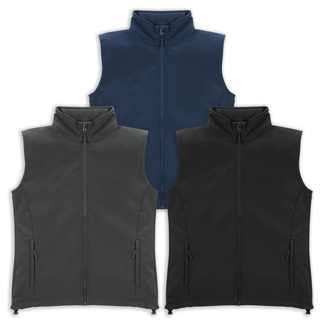 A collection of three women's vests in navy, grey, and black, featuring zip fronts and pockets. Each has a logo.