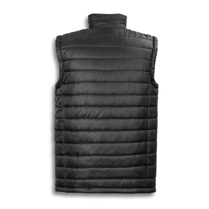 A black puffer vest with a quilted design and a high collar, featuring no sleeves and a simple back view.