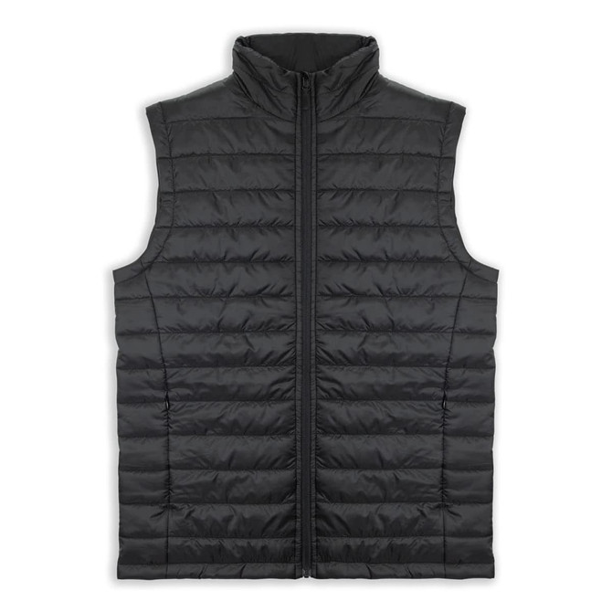 A black puffer vest featuring a zip front and a high collar. The vest has a quilted pattern and includes branding.