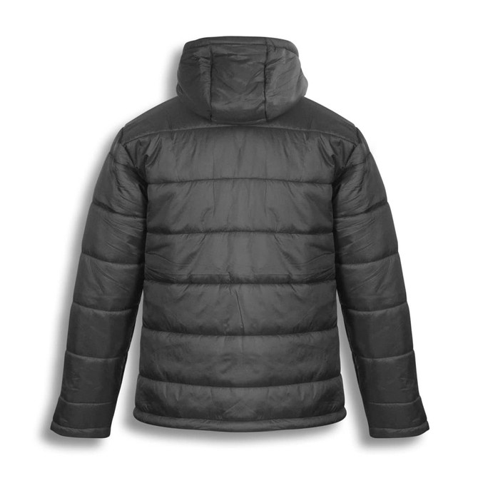 A black puffer jacket with a hood, featuring a quilted design and a logo on the upper back.