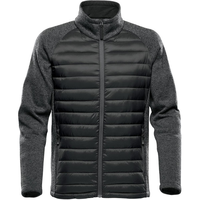 A men's hybrid jacket in dark grey with a quilted front and knit sleeves. Features a full zip and two side pockets.