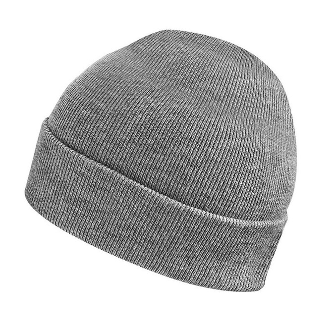 A grey knit beanie featuring a snug fit and a simple design. Includes a logo on the side.