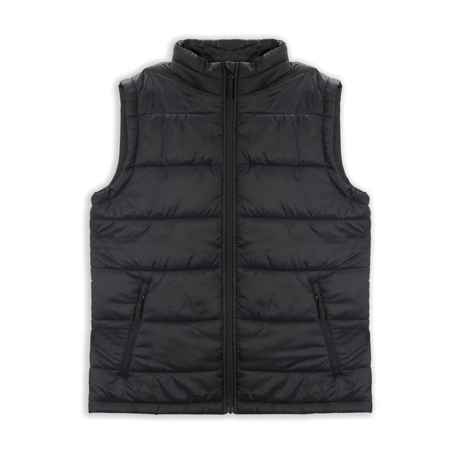 A black women's puffer vest with a front zipper and two side pockets, featuring a logo.