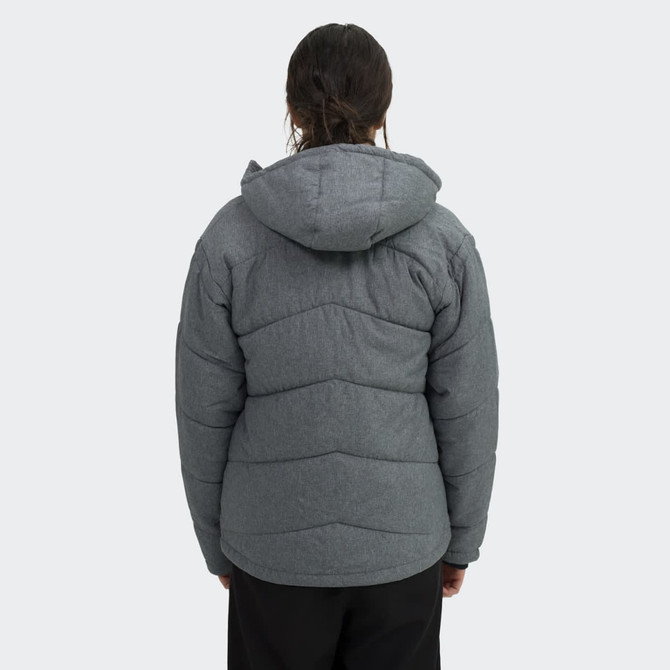 A women's puffer jacket in grey with a hood, featuring a chevron quilted design and a logo on the back.