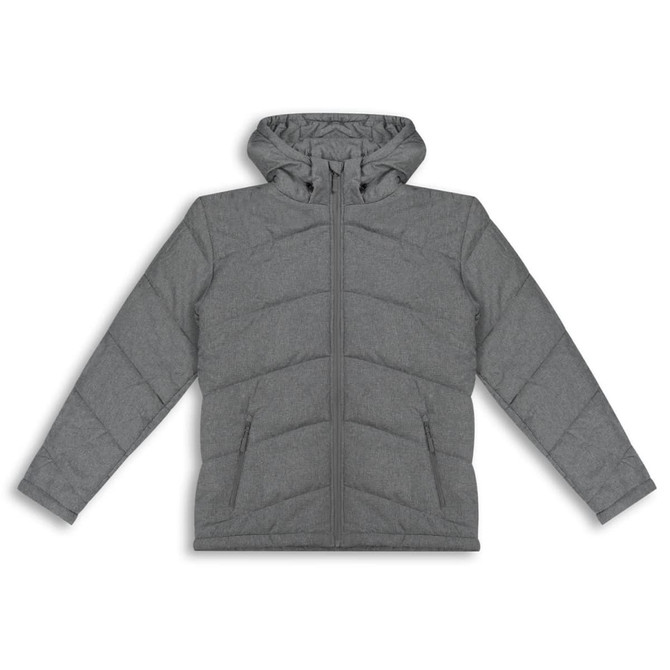 A grey puffer jacket with a hood, featuring a zip front and a subtle branding logo.