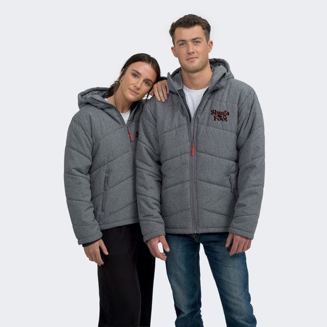 A grey puffer jacket with a hood, featuring a logo, worn by a man and woman standing together.