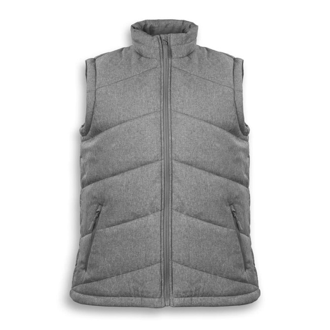 A grey women's puffer vest featuring a high neck and zip front, with two side pockets and a logo.