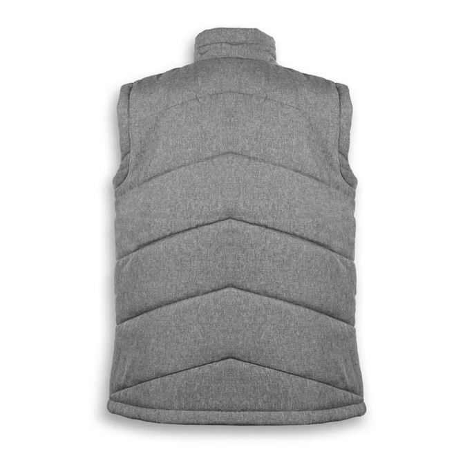 A grey puffer vest with a quilted design and a collar. Features a branding logo.