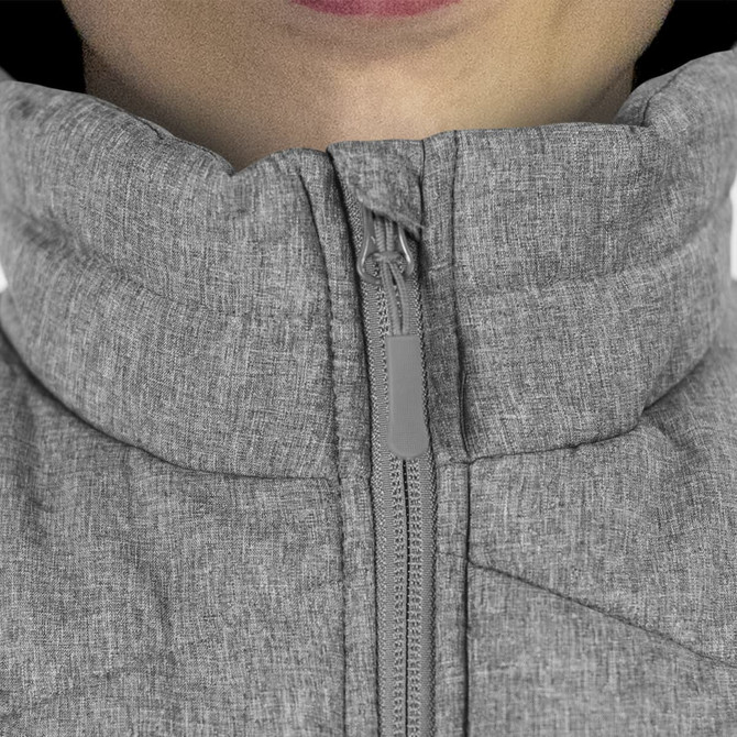 A grey puffer vest featuring a high collar and a zip closure, with a branding logo on the fabric.