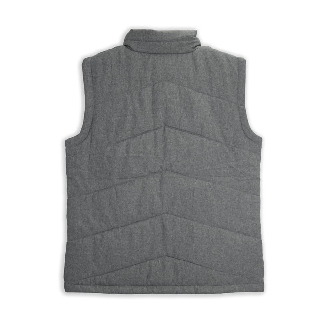 A grey women's puffer vest featuring a high collar and chevron quilted design, with a logo on the back.