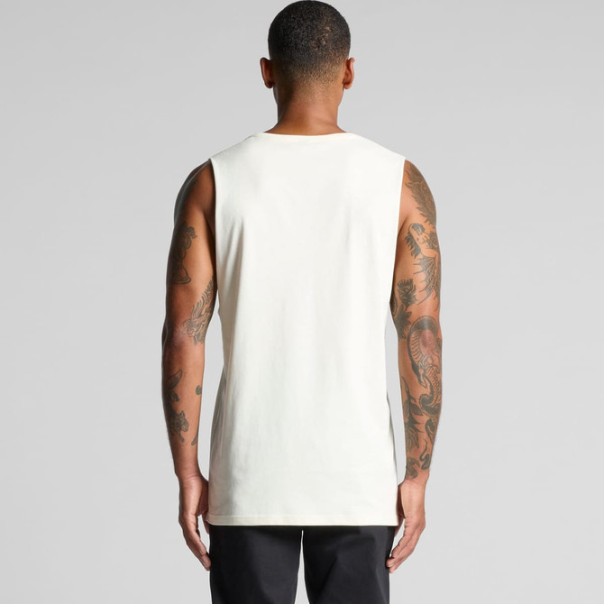 A men's sleeveless shirt in a light cream colour, featuring a simple design and a branded logo.