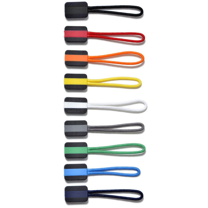 A set of ten zip pullers in various colours, featuring compact rectangular grips and fabric loops.