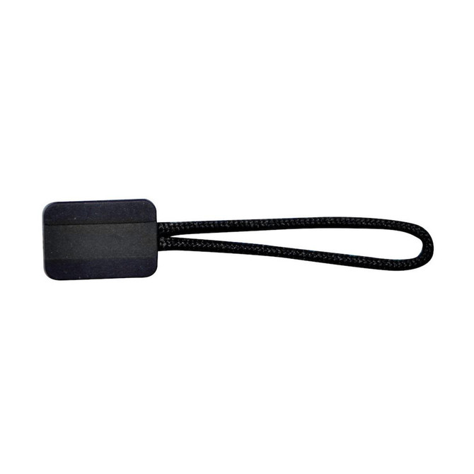 A black zip puller with a rectangular base and a looped strap for easy handling.
