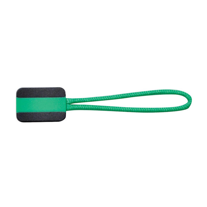 A green and black zip puller with a flexible loop for easy handling. Features a simple design and durable materials.