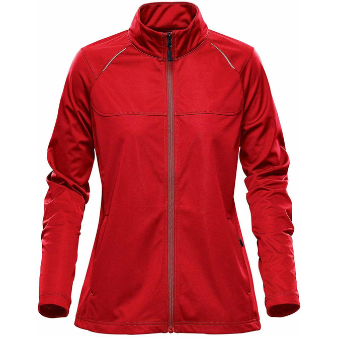 A red women's softshell jacket with a high collar and full zipper, featuring a logo on the left side.