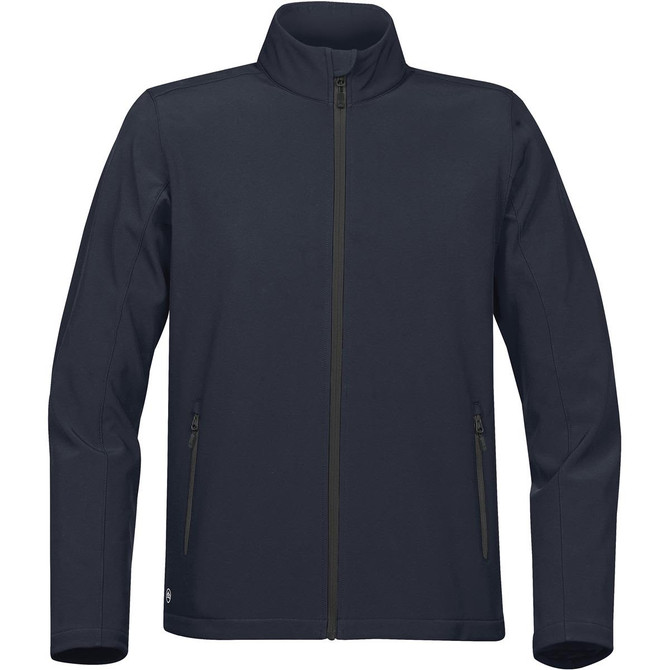A dark navy softshell jacket with a full zip and two zipped pockets, featuring a logo.
