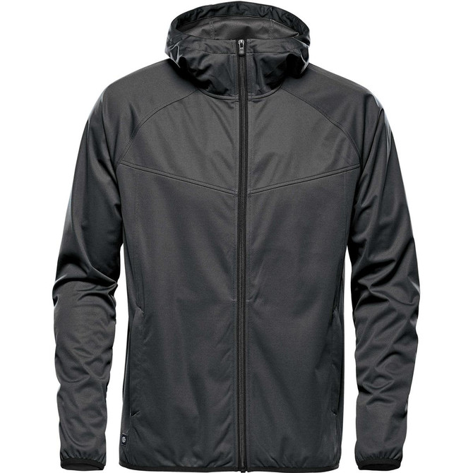 A men's softshell jacket in dark grey with a hood and a zippered front, featuring a logo on the chest.