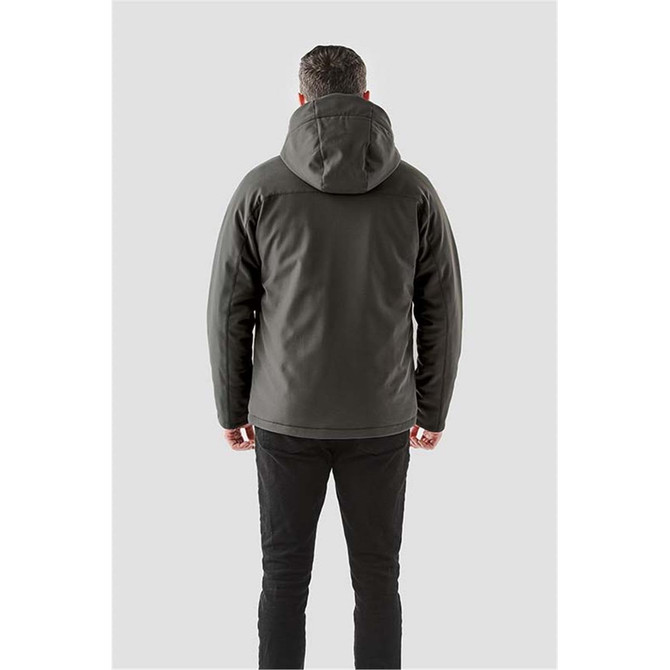 Men's Orbiter Insulated Softshell jacket in dark green, featuring a hood and a branded logo on the back.