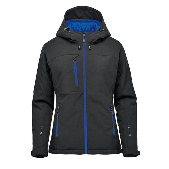 A black women's insulated softshell jacket with blue accents and a hood, featuring zipped pockets and branding.
