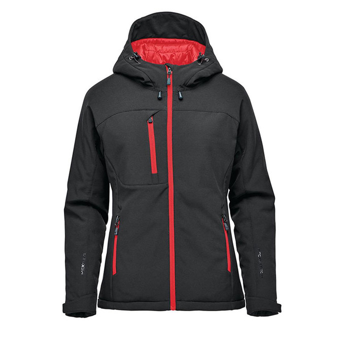 A women's insulated softshell jacket in black with red accents and a hood, featuring multiple zip pockets and a logo.