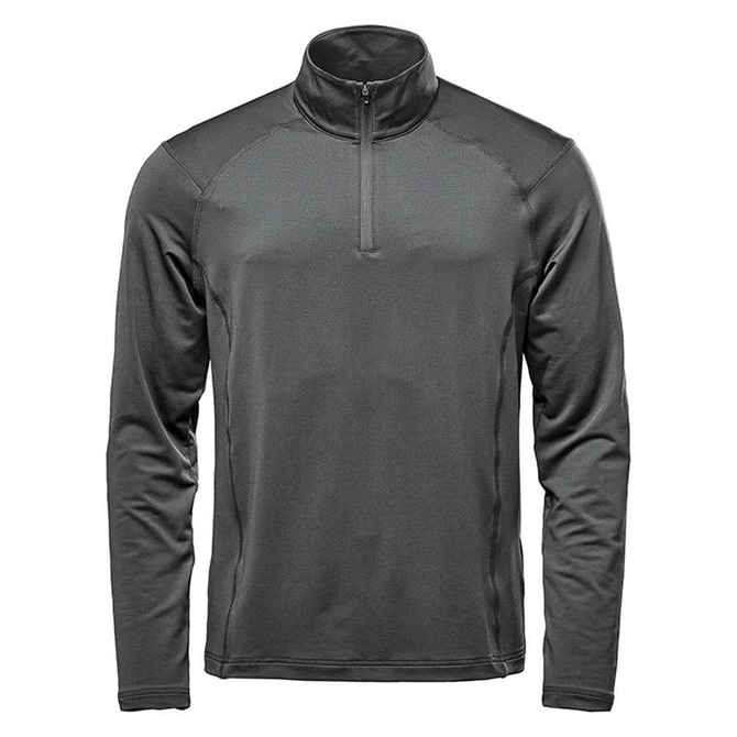 A dark grey long sleeve quarter-zip shirt with a collar and a logo on the sleeve.