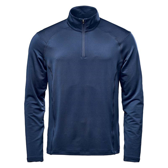 A navy long sleeve men's shirt featuring a 1/4 zip collar and a logo. Ideal for casual wear.